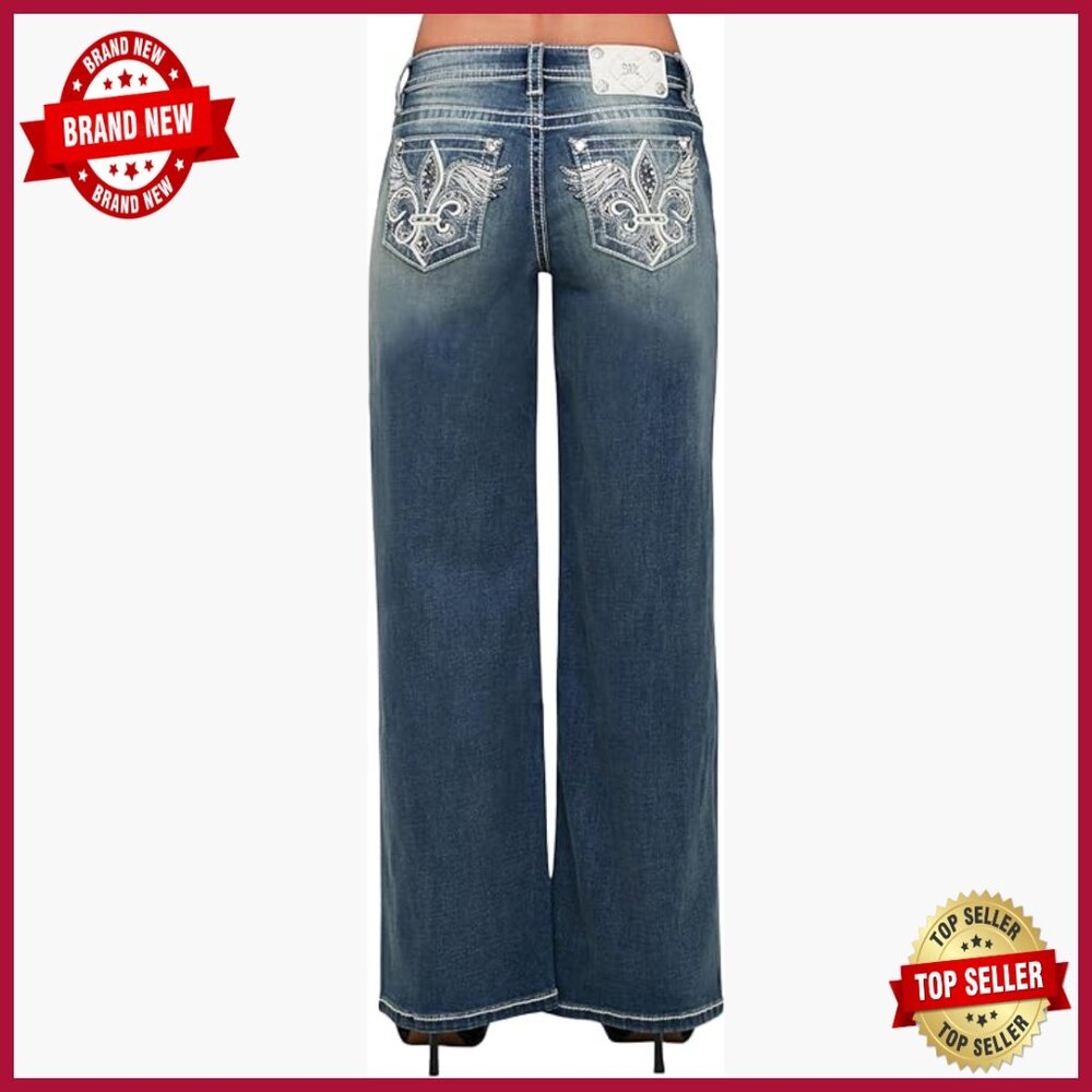 Mid-Rise Wide Leg Jeans With Embroidered Fleur De Lis Pockets